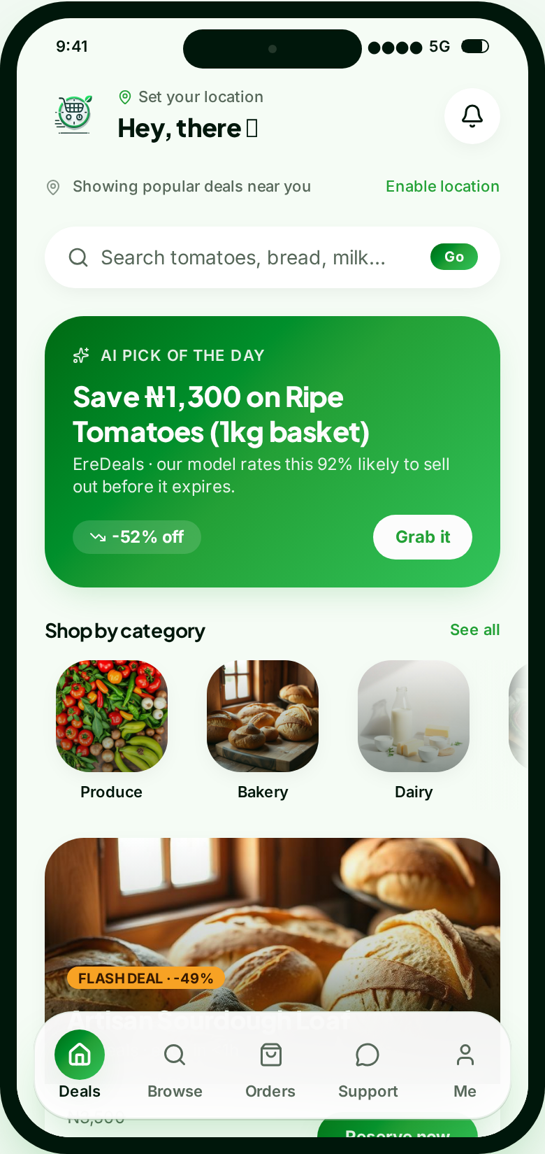 EreDeals app home screen — AI Pick of the day, category tiles, and flash deal, shown on a phone